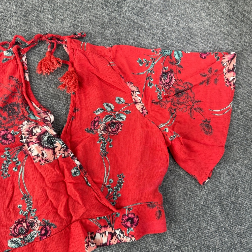 Band of Gypsies Floral Wrap Crop Top Bell Sleeves Women L Red Boho Cottagecore